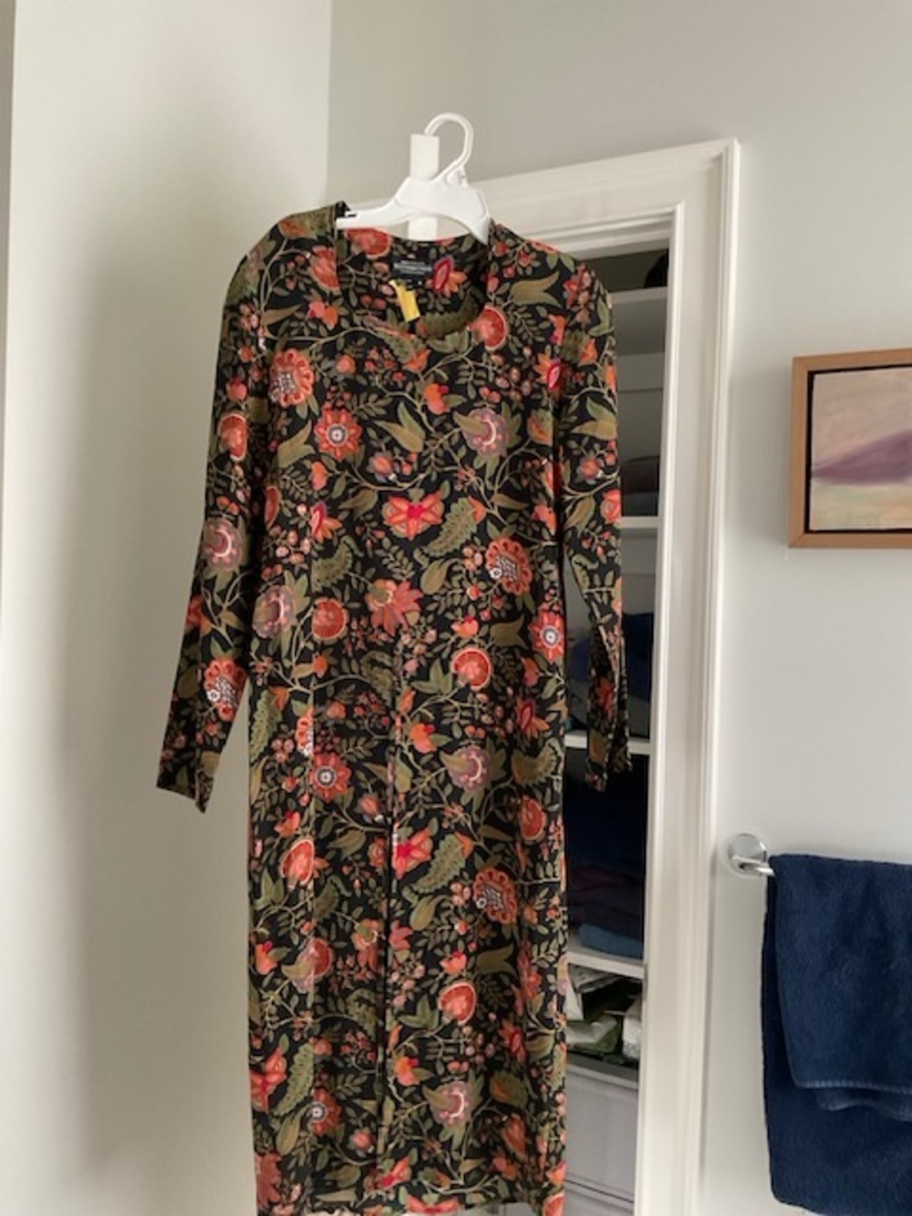 J. Peterman Olive Floral Long Sleeve Midi Dress with Coral Accents